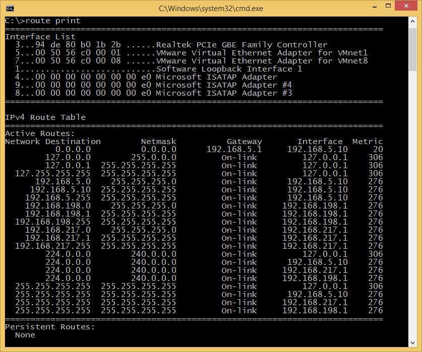 Change windows routing table