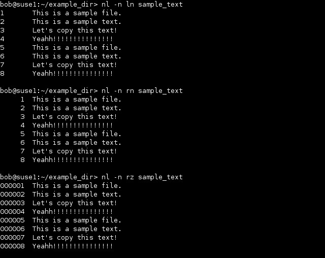 linux nl nummerierungsformat