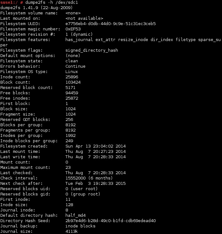 linux dumpe2fs command