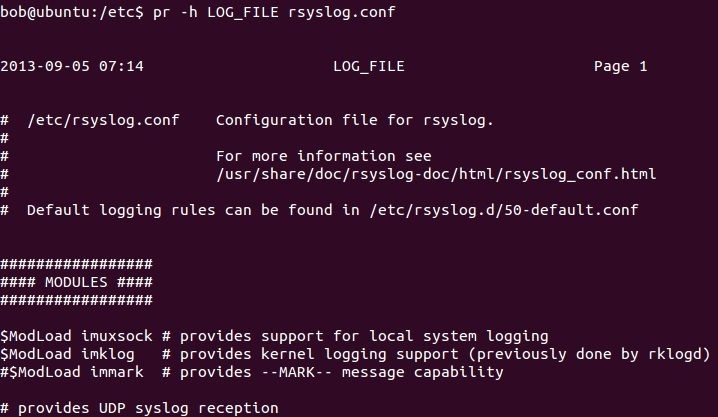 linux pr command change header