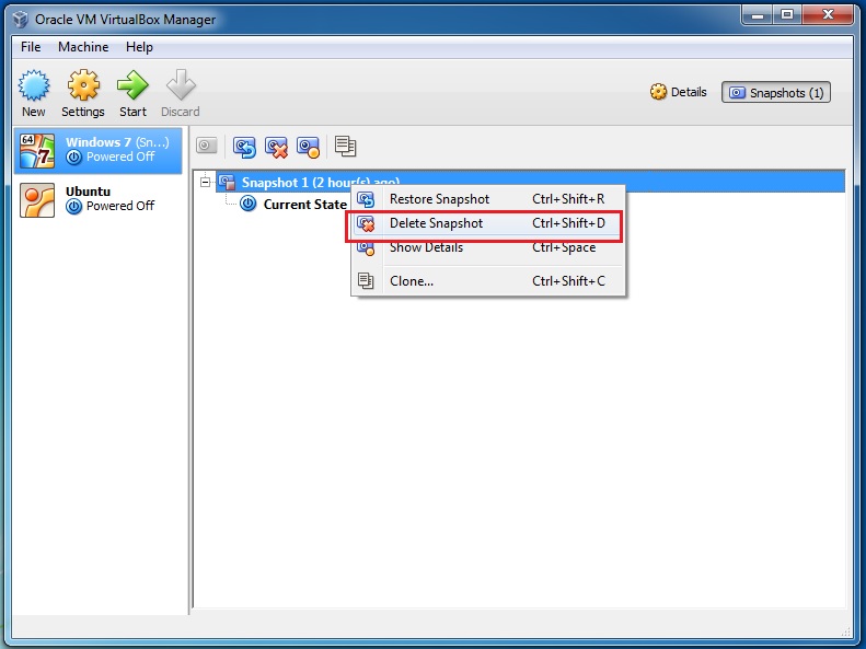 Delete Snapshot Oracle VirtualBox 