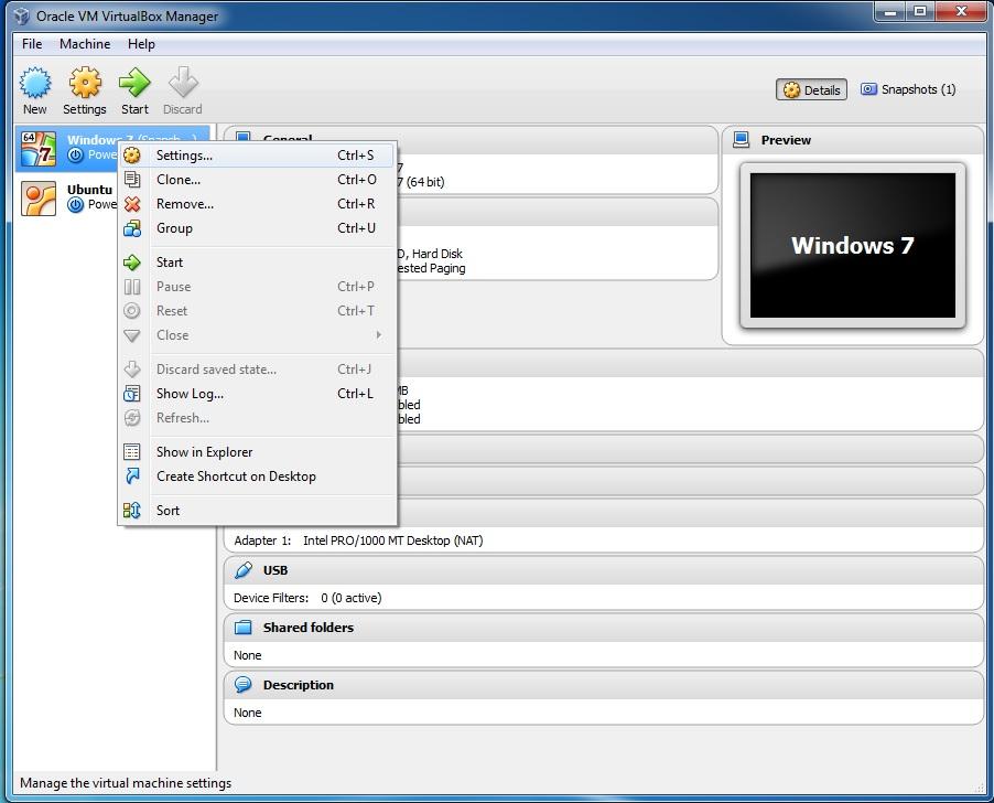 VirtualBox Manager GUI