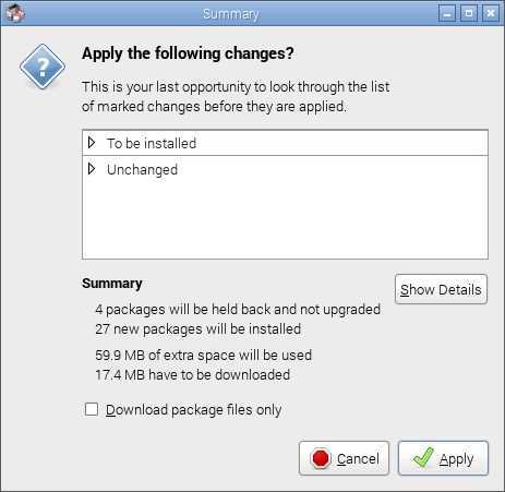 raspbian apply confirm changes synaptic