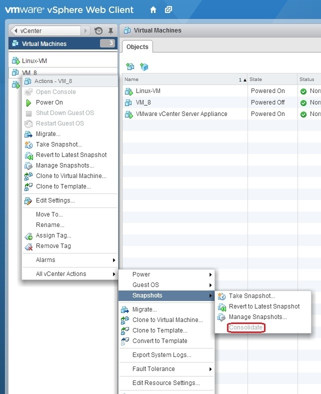 virtual machine disks consolidation is needed. vmware