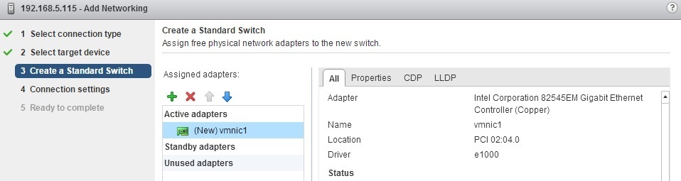 esxi add networking add active adapter
