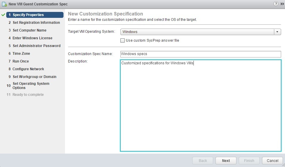 new customization specification target os