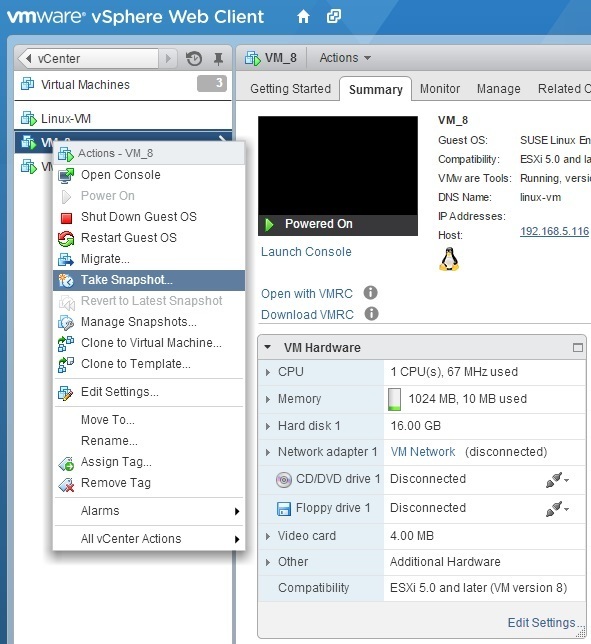 Take snapshots VMware ESXi