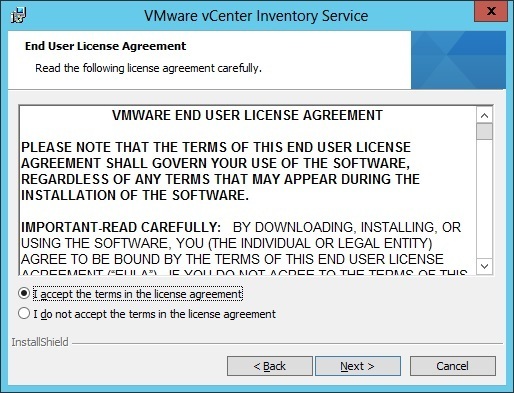 vcenter inventory service installation license agreement