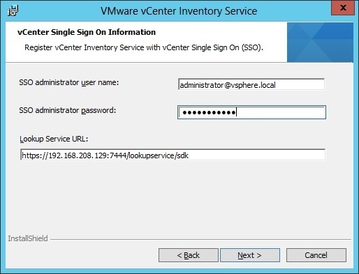 vcenter inventory service installation sso
