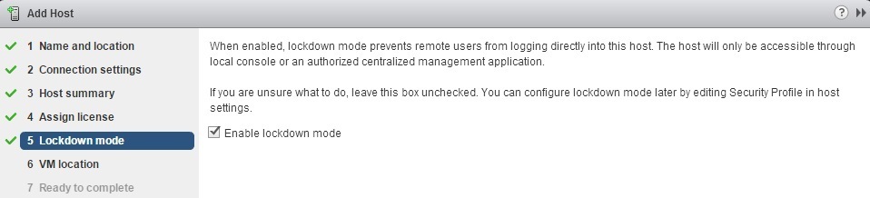 vcenter server add host lockdown mode