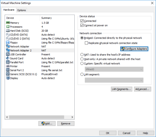 Setting up bridged networking VMware Workstation Player